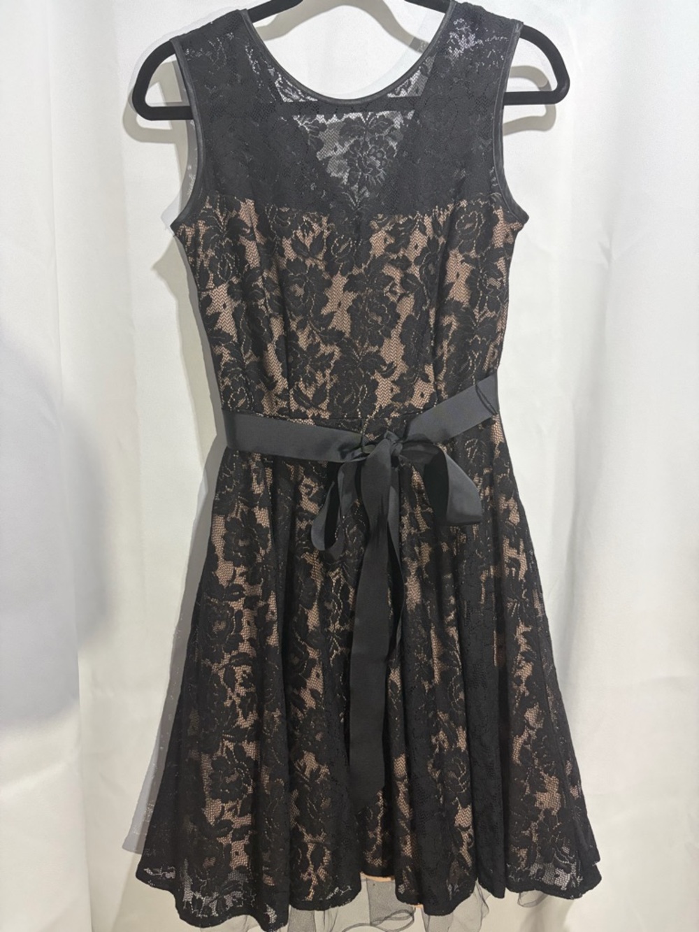 Black Lace Overlay A-Line Dress with Nude Lining